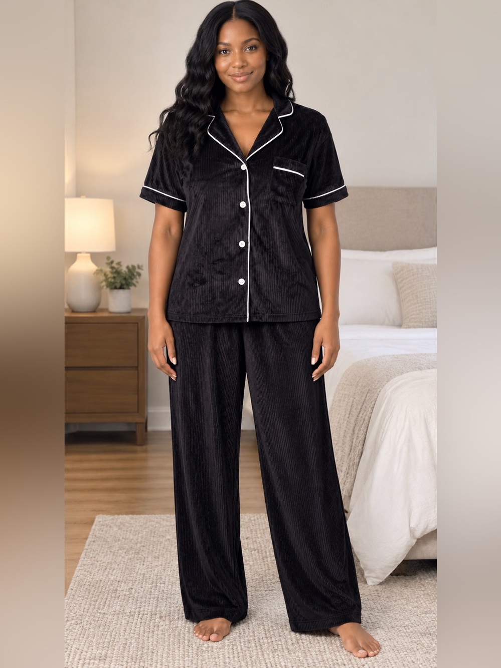 TART Intimates Black Ribbed Velour Pajama Set Size Medium